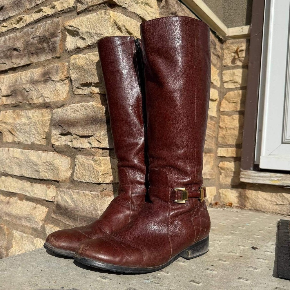 Tihany Tall Leather Riding Boots Womens Brown Quilted Gold Buckle 16in